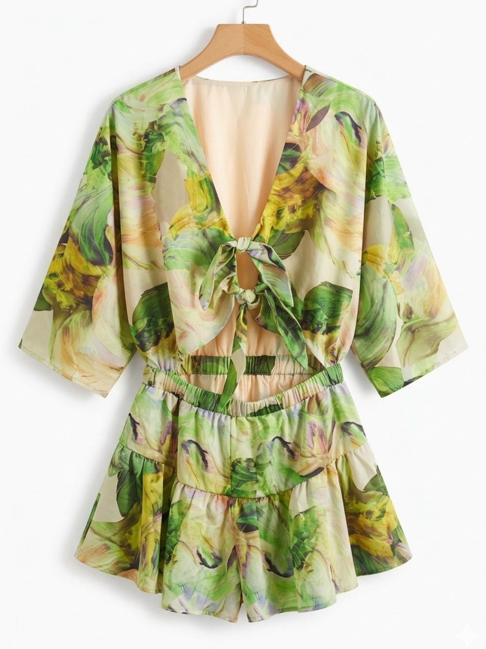 Floral Green Tie-Front Romper